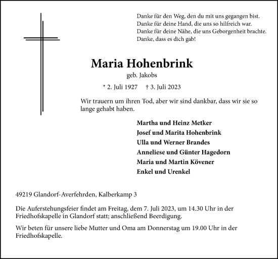 Traueranzeige von Maria Hohenbrink von Neue Osnabrücker Zeitung GmbH & Co. KG