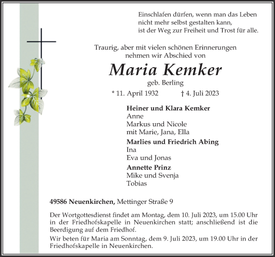 Traueranzeige von Maria Kemker von Neue Osnabrücker Zeitung GmbH & Co. KG