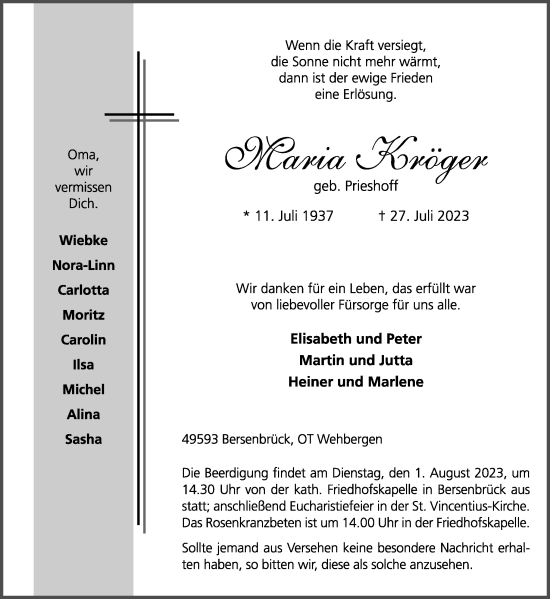 Traueranzeige von Maria Kröger von Neue Osnabrücker Zeitung GmbH & Co. KG