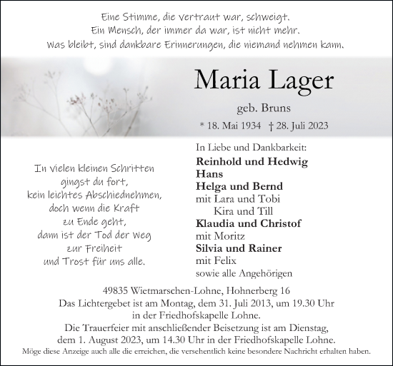 Traueranzeige von Maria Lager von Neue Osnabrücker Zeitung GmbH & Co. KG