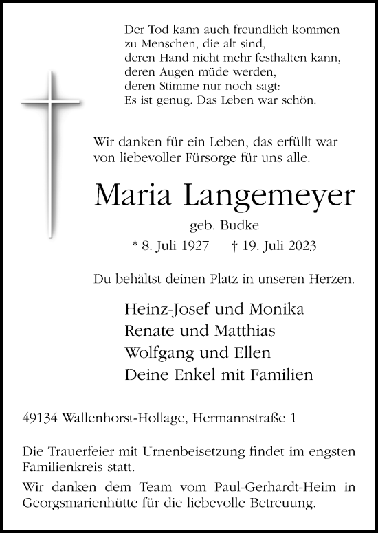 Traueranzeige von Maria Langemeyer von Neue Osnabrücker Zeitung GmbH & Co. KG