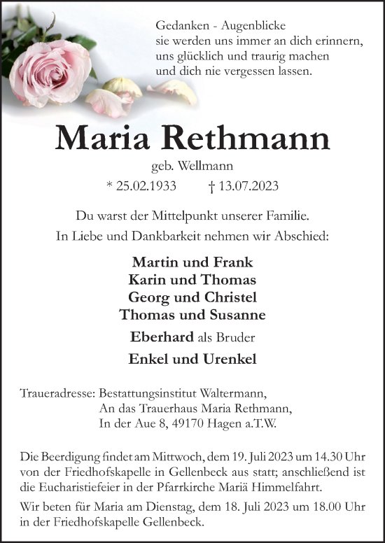 Traueranzeige von Maria Rethmann von Neue Osnabrücker Zeitung GmbH & Co. KG