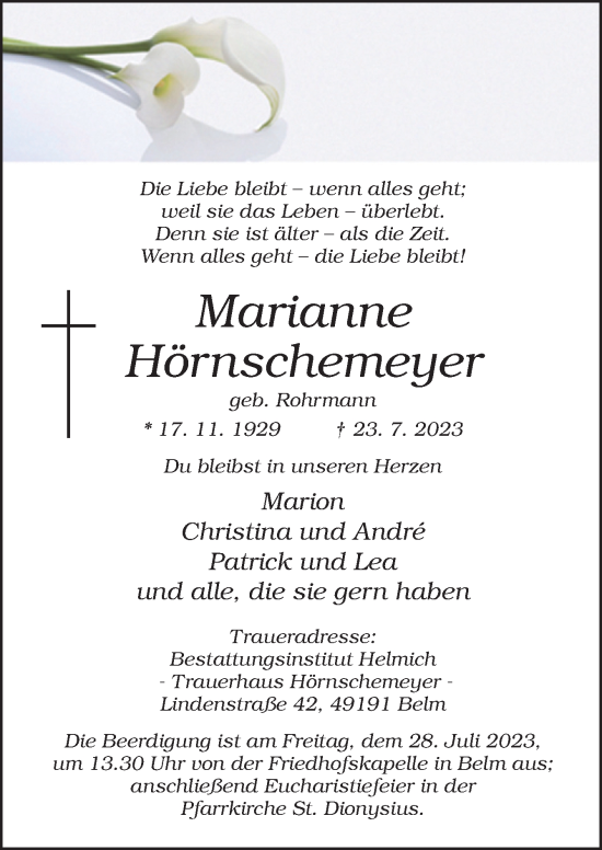 Traueranzeige von Marianne Hörnschemeyer von Neue Osnabrücker Zeitung GmbH & Co. KG