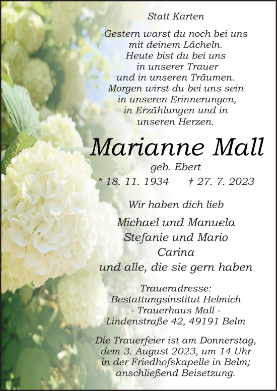 Traueranzeige von Marianne Mall von Neue Osnabrücker Zeitung GmbH & Co. KG