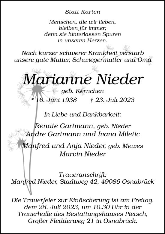 Traueranzeige von Marianne Nieder von Neue Osnabrücker Zeitung GmbH & Co. KG