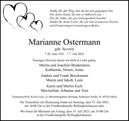 Traueranzeige von Marianne Ostermann von Neue Osnabrücker Zeitung GmbH & Co. KG