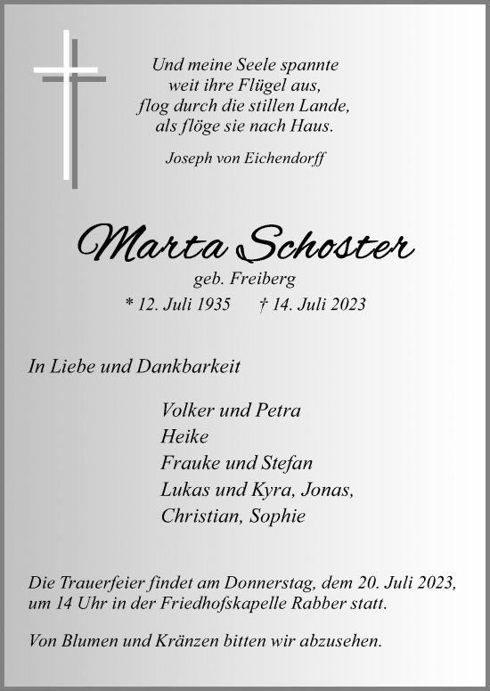 Traueranzeige von Marta Schoster von Neue Osnabrücker Zeitung GmbH & Co. KG