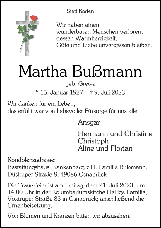 Traueranzeige von Martha Bußmann von Neue Osnabrücker Zeitung GmbH & Co. KG