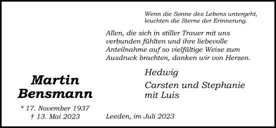 Traueranzeige von Martin Bensmann von Neue Osnabrücker Zeitung GmbH & Co. KG