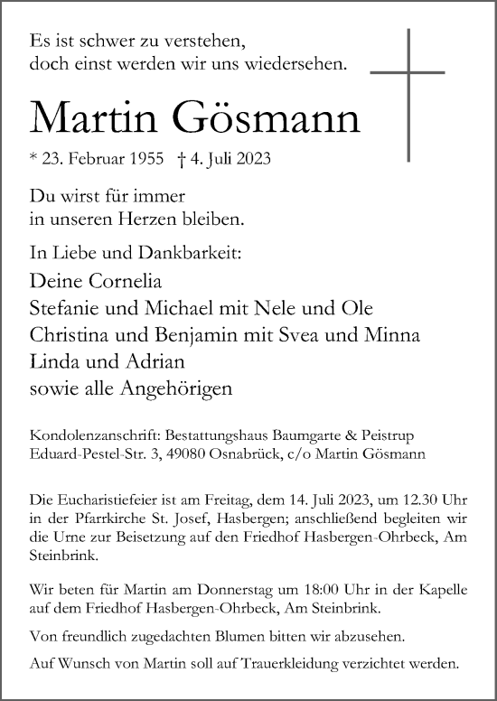 Traueranzeige von Martin Gösmann von Neue Osnabrücker Zeitung GmbH & Co. KG