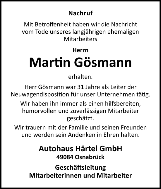 Traueranzeige von Martin Gösmann von Neue Osnabrücker Zeitung GmbH & Co. KG