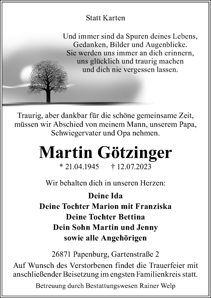  Traueranzeige für Martin Götzinger vom 15.07.2023 aus Neue Osnabrücker Zeitung GmbH & Co. KG