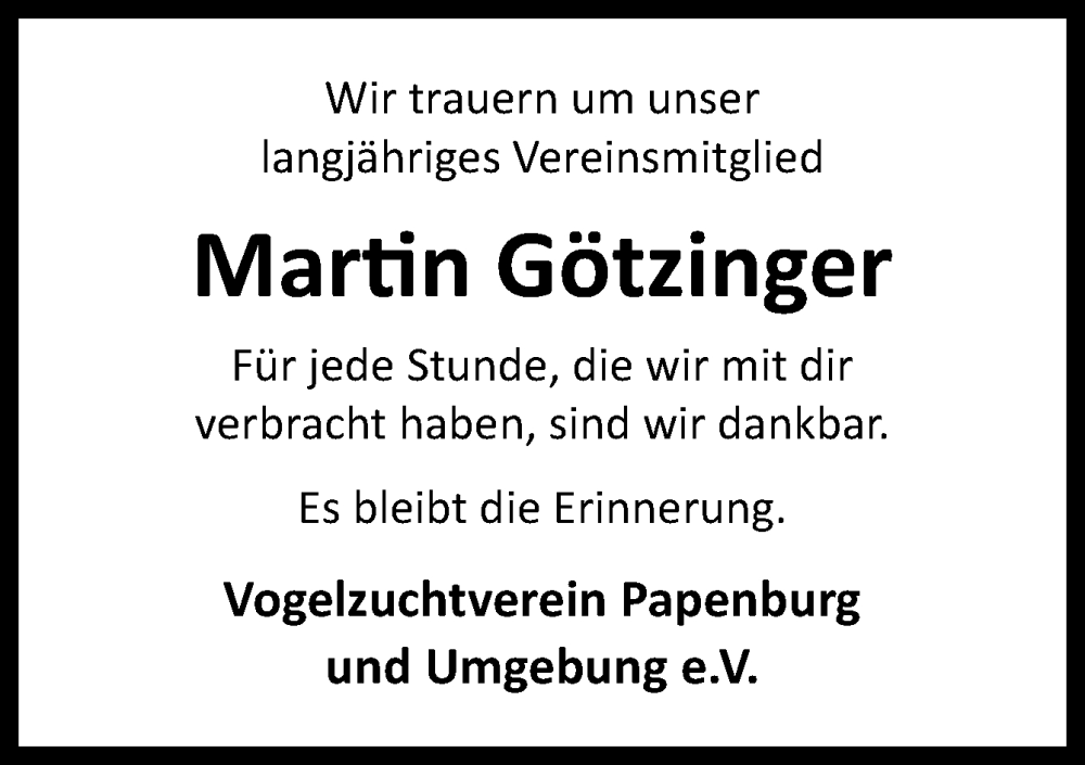  Traueranzeige für Martin Götzinger vom 18.07.2023 aus Neue Osnabrücker Zeitung GmbH & Co. KG