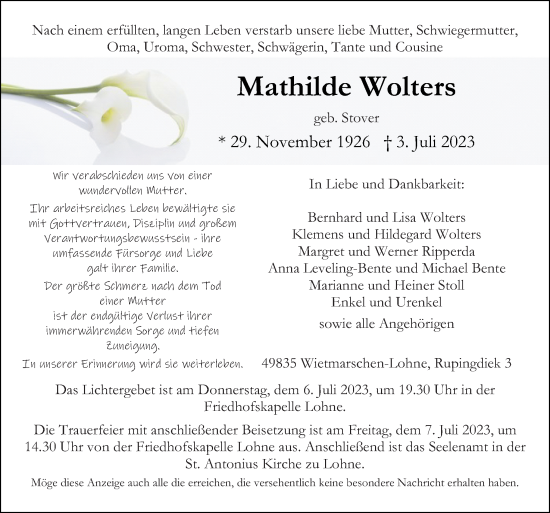 Traueranzeige von Mathilde Wolters von Neue Osnabrücker Zeitung GmbH & Co. KG