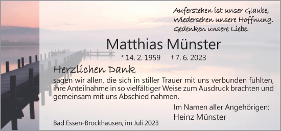 Traueranzeige von Matthias Münster von Neue Osnabrücker Zeitung GmbH & Co. KG