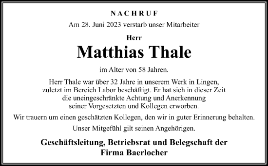 Traueranzeige von Matthias Thale von Neue Osnabrücker Zeitung GmbH & Co. KG