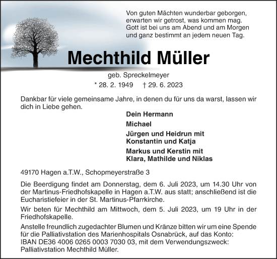 Traueranzeige von Mechthild Müller von Neue Osnabrücker Zeitung GmbH & Co. KG