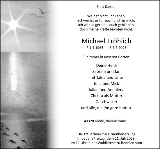 Traueranzeige von Michael Fröhlich von Neue Osnabrücker Zeitung GmbH & Co. KG