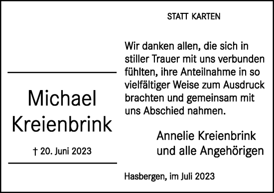 Traueranzeige von Michael Kreienbrink von Neue Osnabrücker Zeitung GmbH & Co. KG