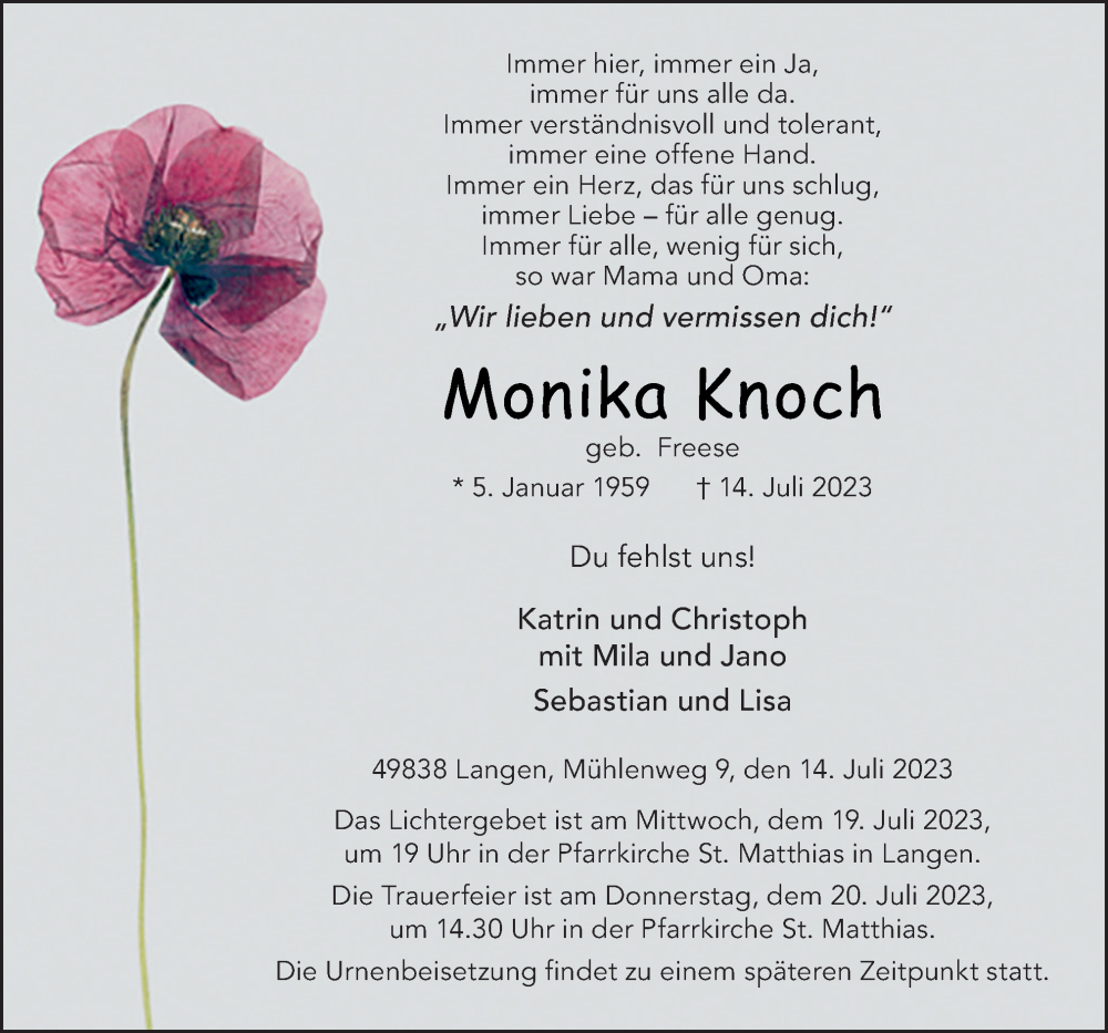  Traueranzeige für Monika Knoch vom 17.07.2023 aus Neue Osnabrücker Zeitung GmbH & Co. KG