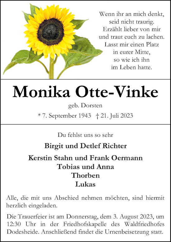 Traueranzeige von Monika Otte-Vinke von Neue Osnabrücker Zeitung GmbH & Co. KG