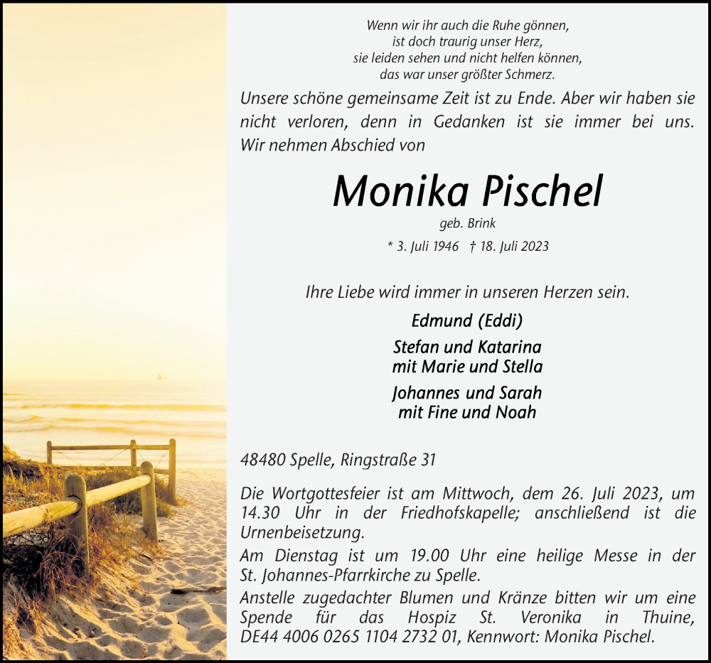  Traueranzeige für Monika Pischel vom 20.07.2023 aus Neue Osnabrücker Zeitung GmbH & Co. KG