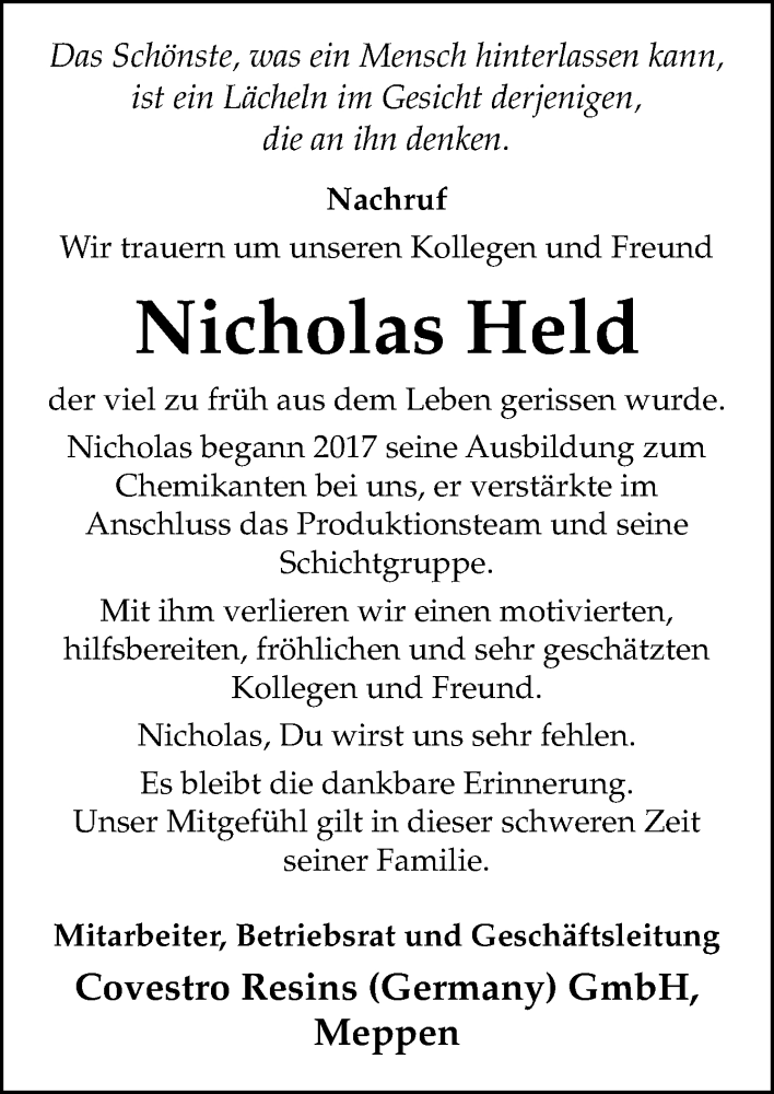  Traueranzeige für Nicholas Held vom 01.07.2023 aus Neue Osnabrücker Zeitung GmbH & Co. KG