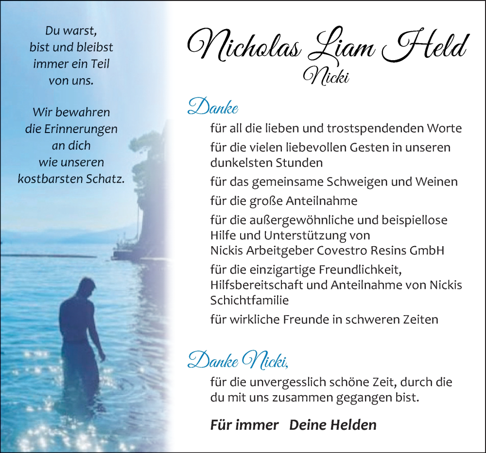  Traueranzeige für Nicholas Liam Held vom 22.07.2023 aus Neue Osnabrücker Zeitung GmbH & Co. KG