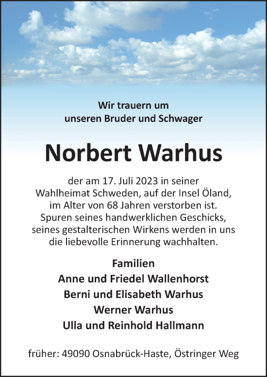 Traueranzeige von Norbert Warhus von Neue Osnabrücker Zeitung GmbH & Co. KG
