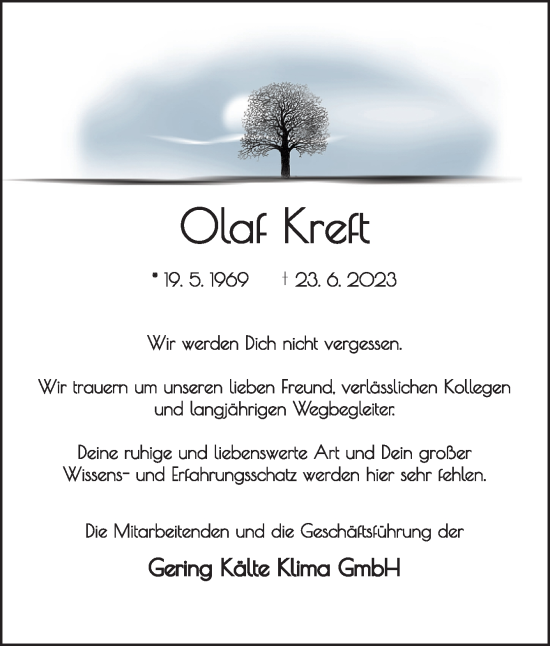 Traueranzeige von Olaf Kreft von Neue Osnabrücker Zeitung GmbH & Co. KG