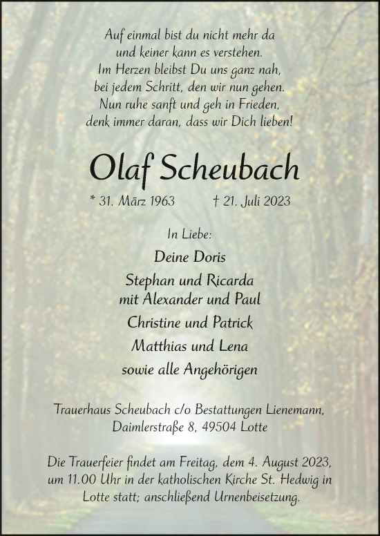 Traueranzeige von Olaf Scheubach von Neue Osnabrücker Zeitung GmbH & Co. KG