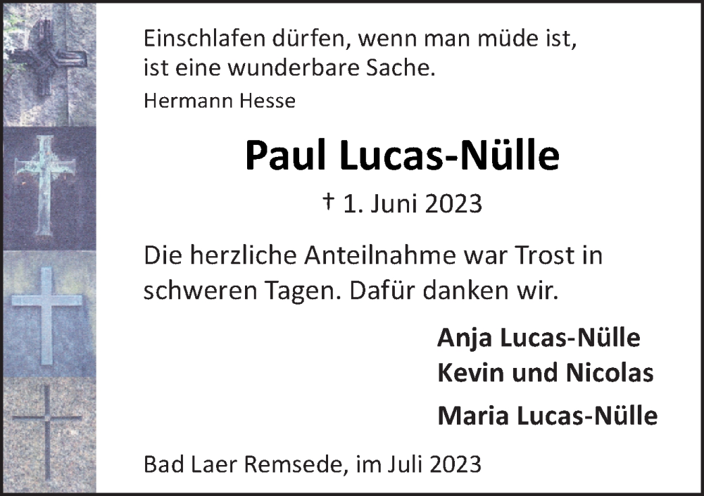  Traueranzeige für Paul Lucas-Nülle vom 08.07.2023 aus Neue Osnabrücker Zeitung GmbH & Co. KG