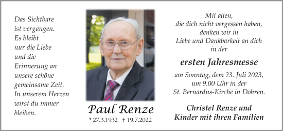 Traueranzeige von Paul Renze von Neue Osnabrücker Zeitung GmbH & Co. KG