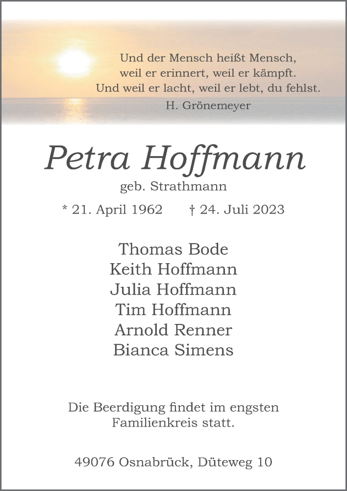  Traueranzeige für Petra Hoffmann vom 29.07.2023 aus Neue Osnabrücker Zeitung GmbH & Co. KG