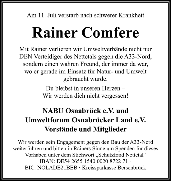 Traueranzeige von Rainer Comfere von Neue Osnabrücker Zeitung GmbH & Co. KG