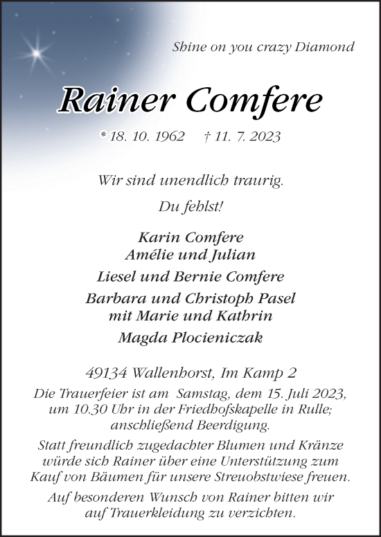 Traueranzeige von Rainer Comfere von Neue Osnabrücker Zeitung GmbH & Co. KG