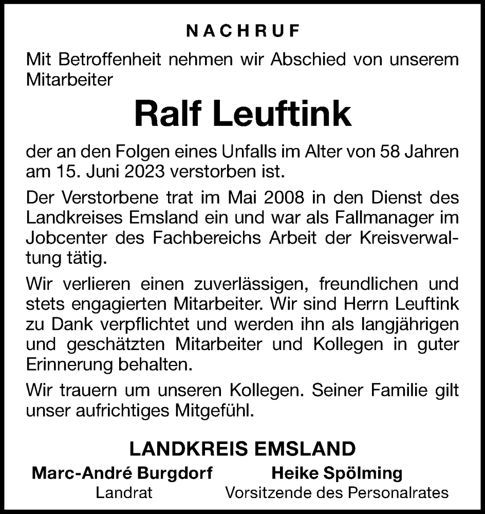  Traueranzeige für Ralf Leuftink vom 01.07.2023 aus Neue Osnabrücker Zeitung GmbH & Co. KG