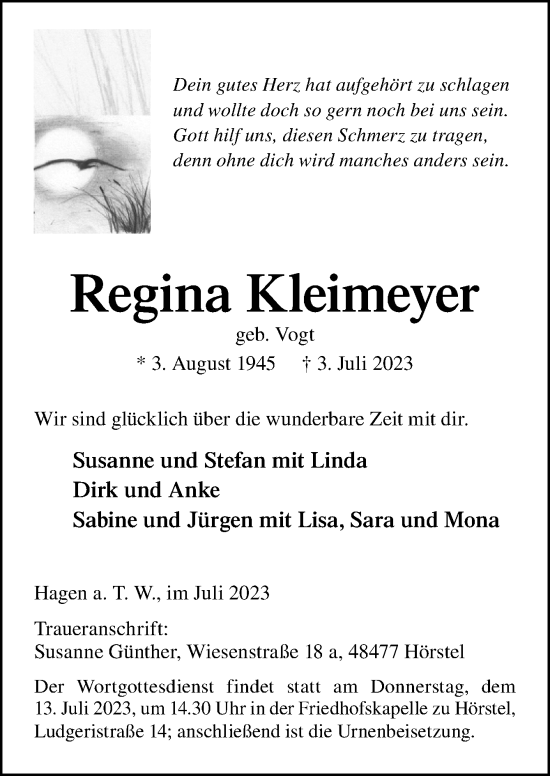 Traueranzeige von Regina Kleimeyer von Neue Osnabrücker Zeitung GmbH & Co. KG
