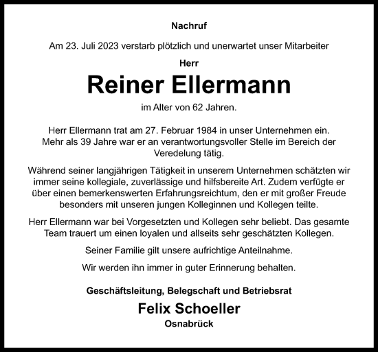 Traueranzeige von Reiner Ellermann von Neue Osnabrücker Zeitung GmbH & Co. KG