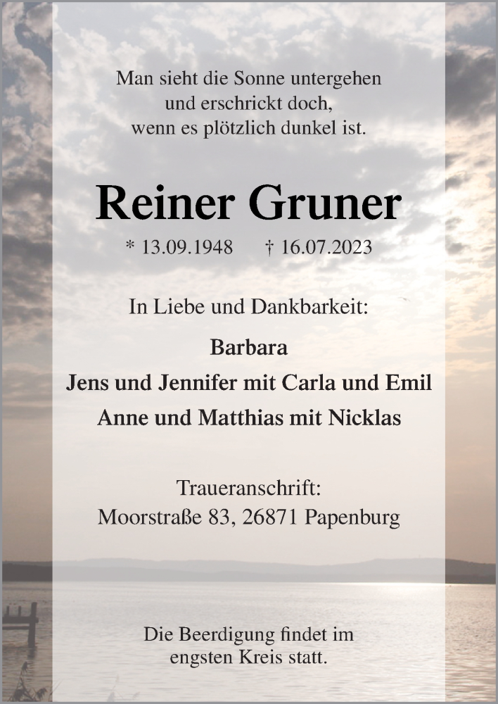  Traueranzeige für Reiner Gruner vom 22.07.2023 aus Neue Osnabrücker Zeitung GmbH & Co. KG