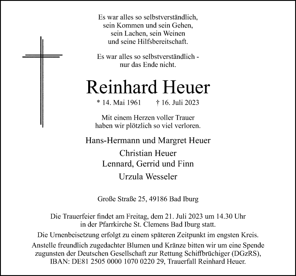  Traueranzeige für Reinhard Heuer vom 19.07.2023 aus Neue Osnabrücker Zeitung GmbH & Co. KG