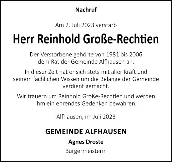 Traueranzeige von Reinhold Große-Rechtien von Neue Osnabrücker Zeitung GmbH & Co. KG