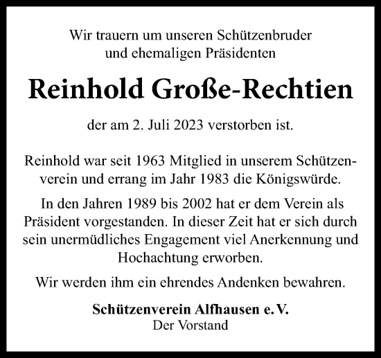 Traueranzeige von Reinhold Große-Rechtien von Neue Osnabrücker Zeitung GmbH & Co. KG