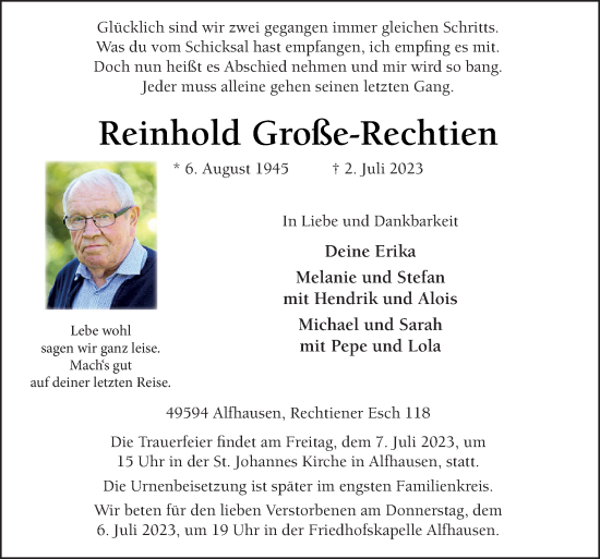 Traueranzeige von Reinhold Große-Rechtien von Neue Osnabrücker Zeitung GmbH & Co. KG