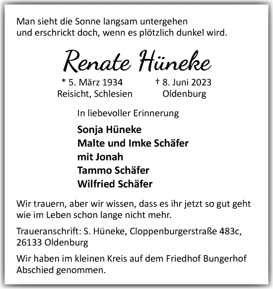 Traueranzeige von Renate Hüneke von DK Medien GmbH & Co. KG