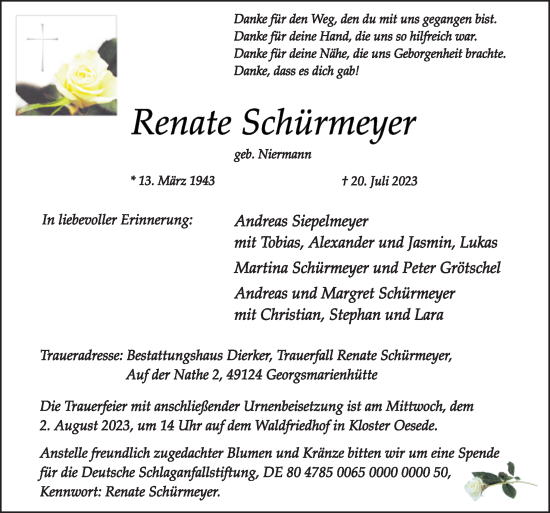 Traueranzeige von Renate Schürmeyer von Neue Osnabrücker Zeitung GmbH & Co. KG