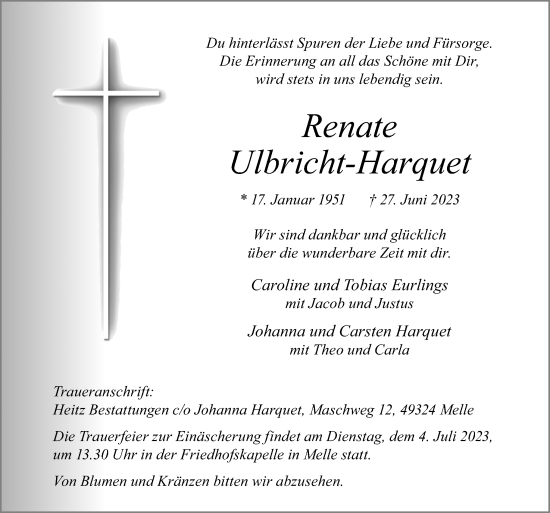 Traueranzeige von Renate Ulbricht-Harquet von Neue Osnabrücker Zeitung GmbH & Co. KG
