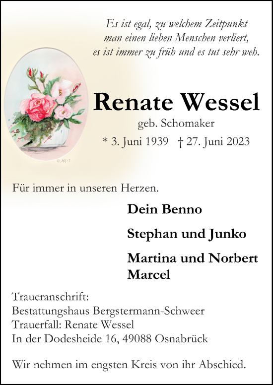 Traueranzeige von Renate Wessel von Neue Osnabrücker Zeitung GmbH & Co. KG