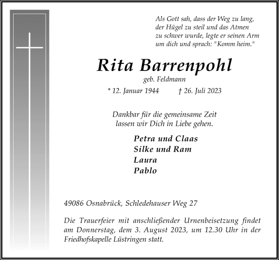 Traueranzeige von Rita Barrenpohl von Neue Osnabrücker Zeitung GmbH & Co. KG