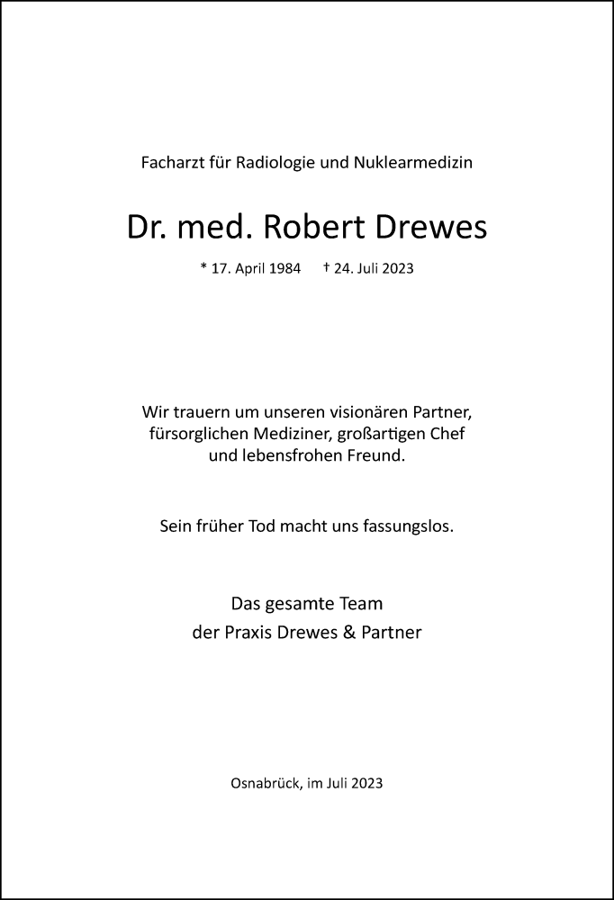  Traueranzeige für Robert Drewes vom 29.07.2023 aus Neue Osnabrücker Zeitung GmbH & Co. KG